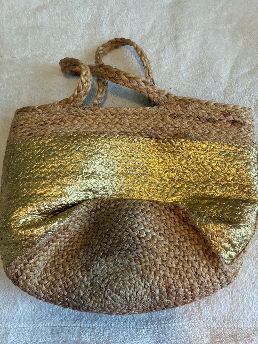 Braided Straw Tote with Gold Metallic Band